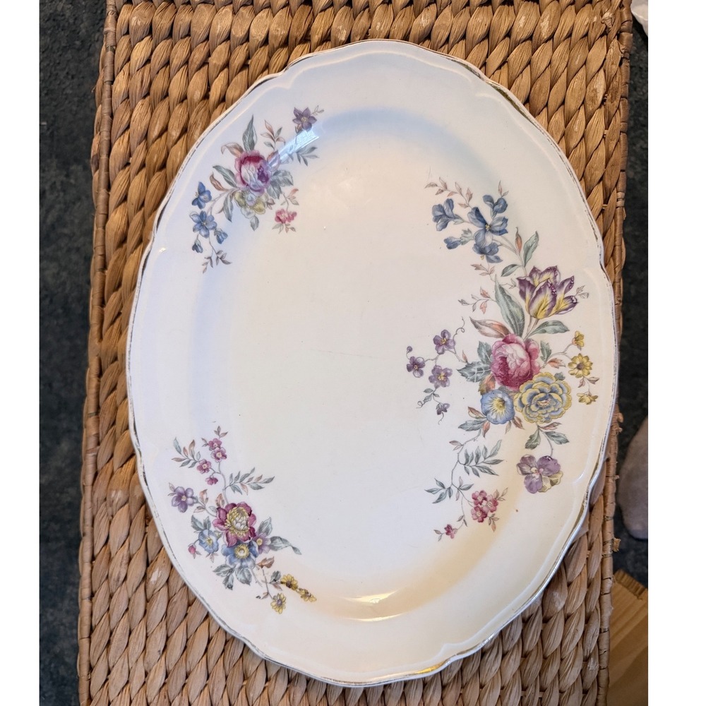 Edwin M Knowles Oval Serving Platter 11" White Floral Gold Trim Good Vintage